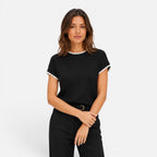 Felorro | Women’s Contrast Trim Knit Top – Short Sleeve Crew Neck