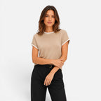 Felorro | Women’s Contrast Trim Knit Top – Short Sleeve Crew Neck