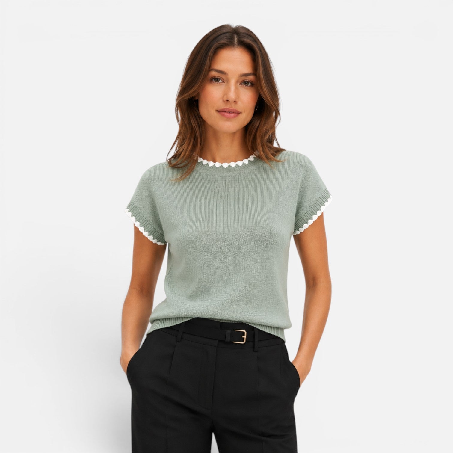 Felorro | Women’s Contrast Trim Knit Top – Short Sleeve Crew Neck