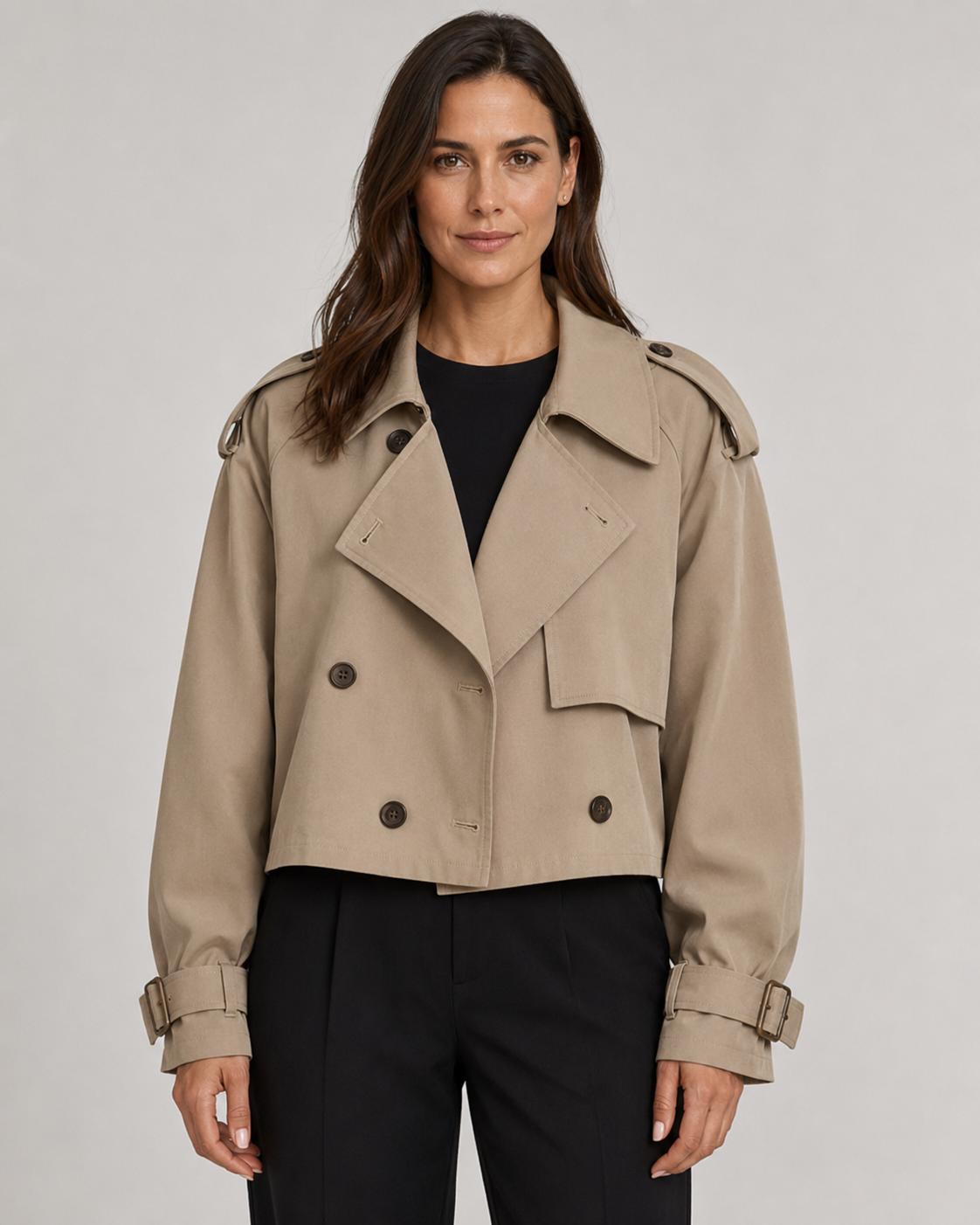 Women’s Cropped Trench Coat with Buckle Cuffs