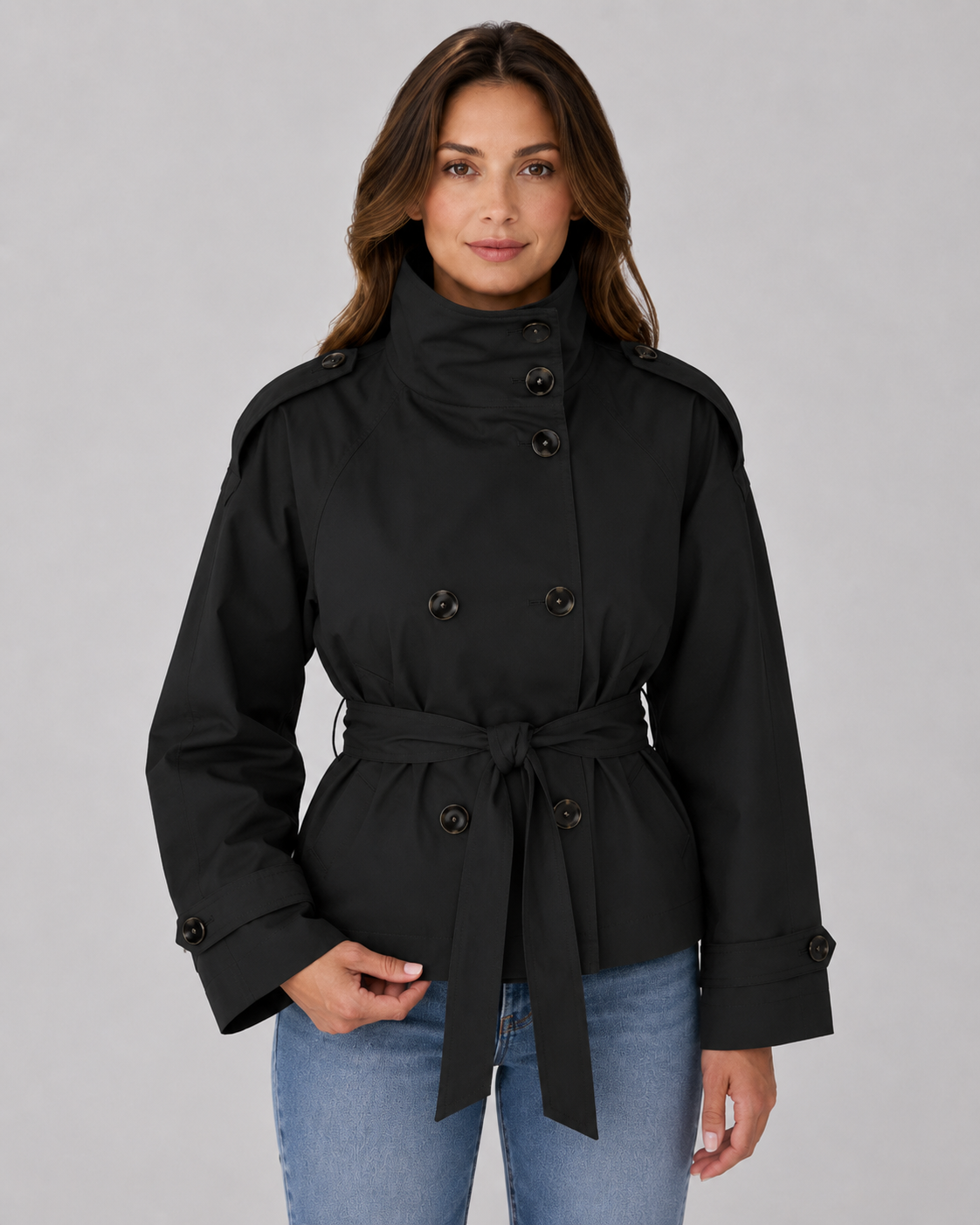 Women’s Cropped Trench Coat with Funnel Neck