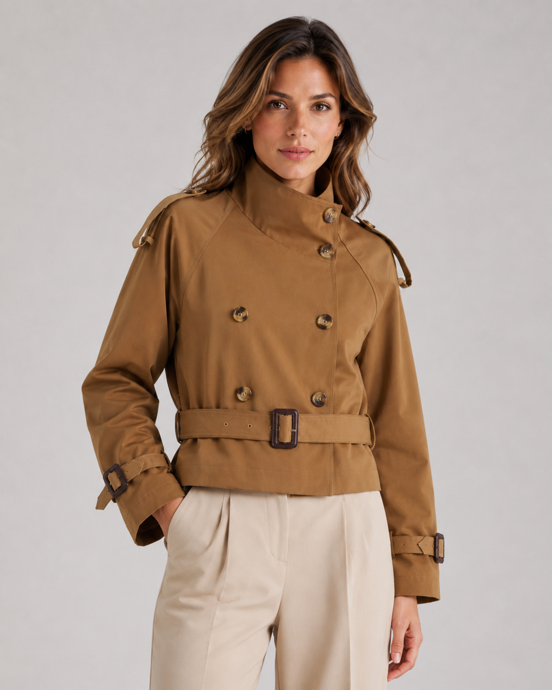 Women’s Cropped Trench Jacket – Funnel Neck Double Breasted