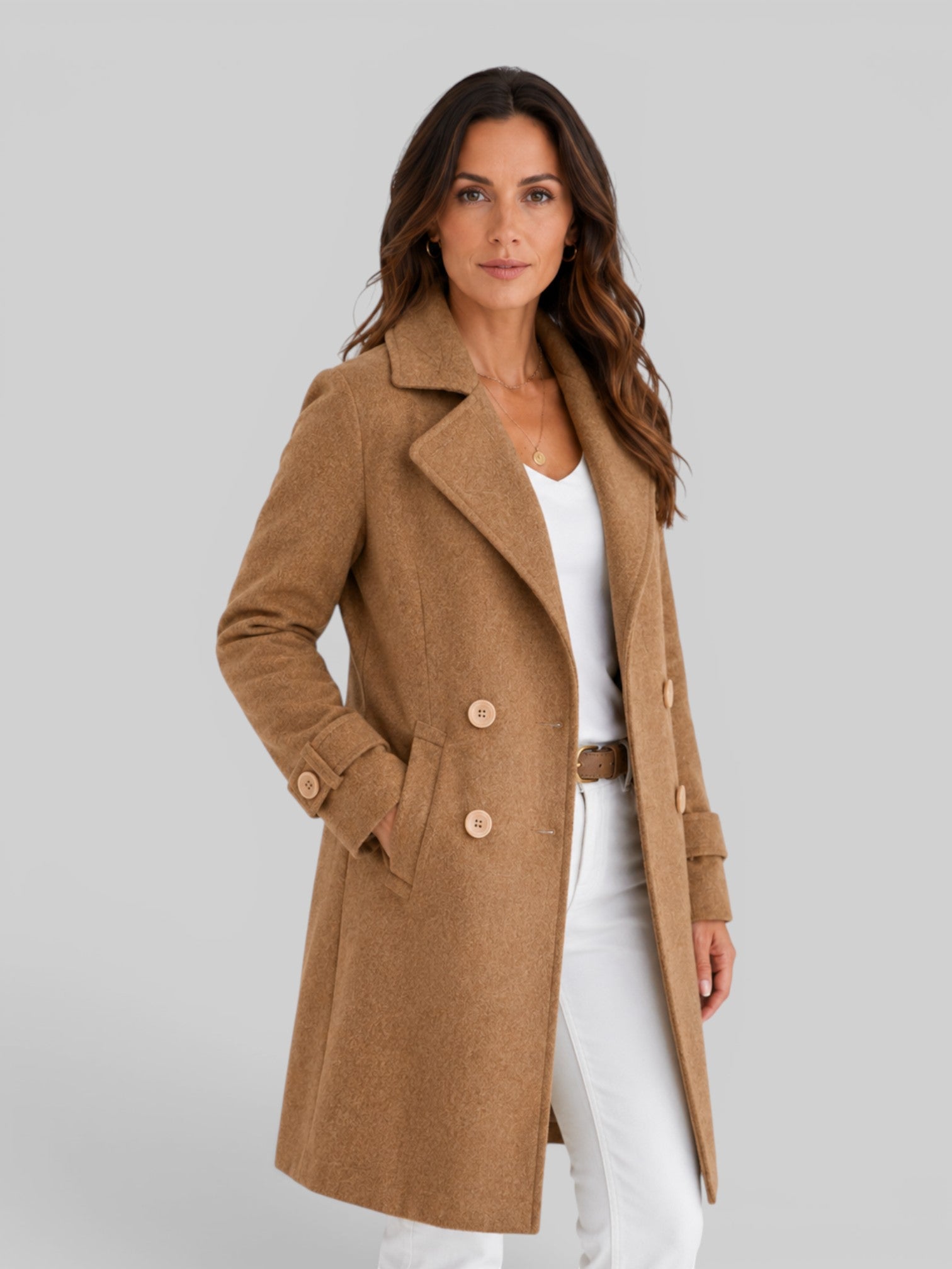 Women's Longline Wool Coat Double-Breasted Notch Lapel