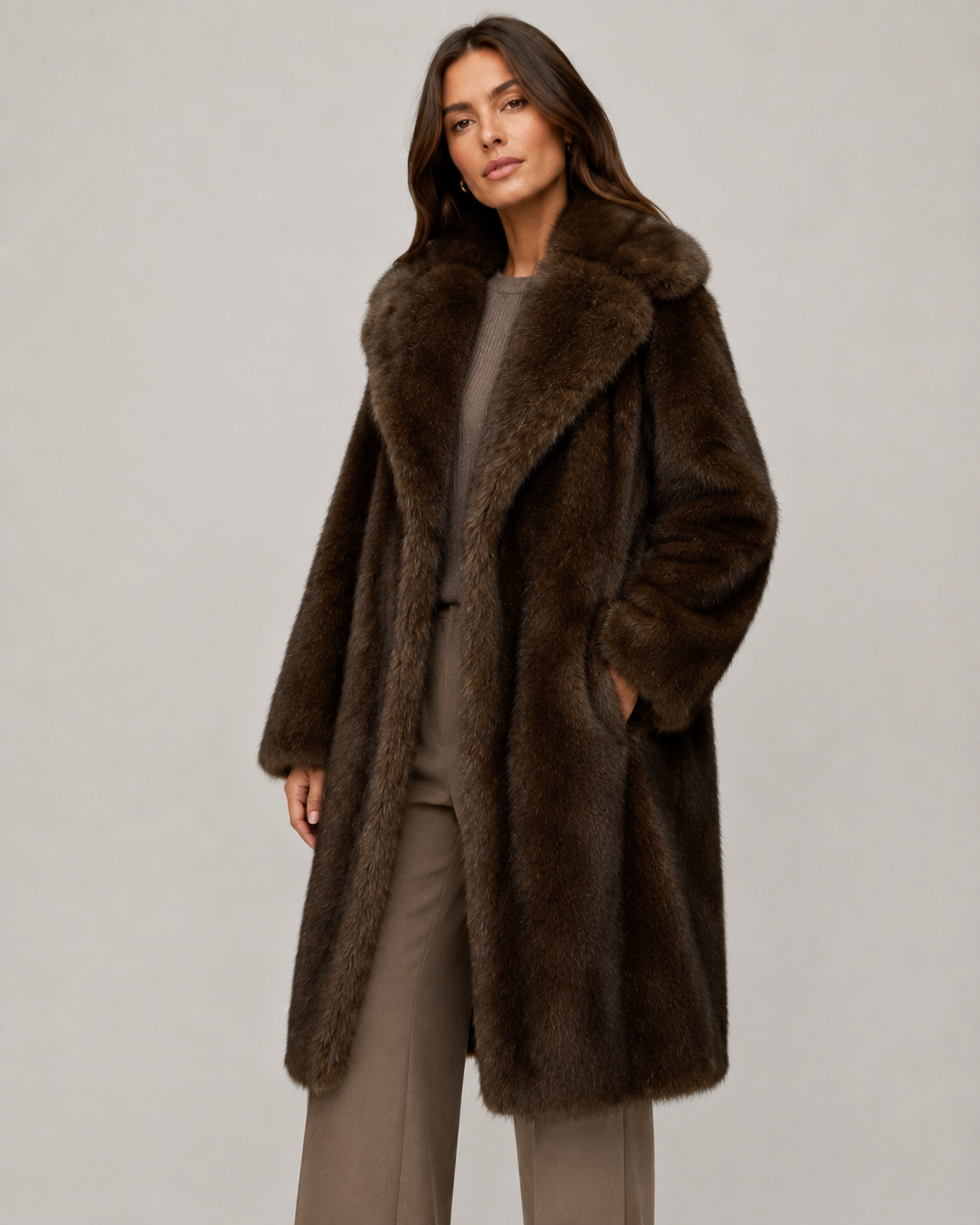 Women’s Faux Fur Long Coat – Wide Collar Plush Winter Layer