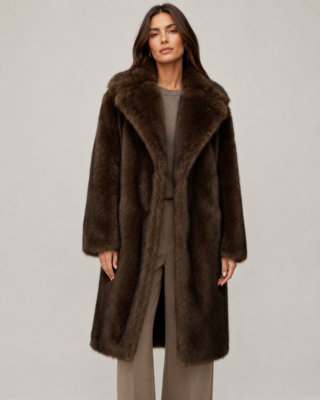 Women’s Faux Fur Long Coat – Wide Collar Plush Winter Layer