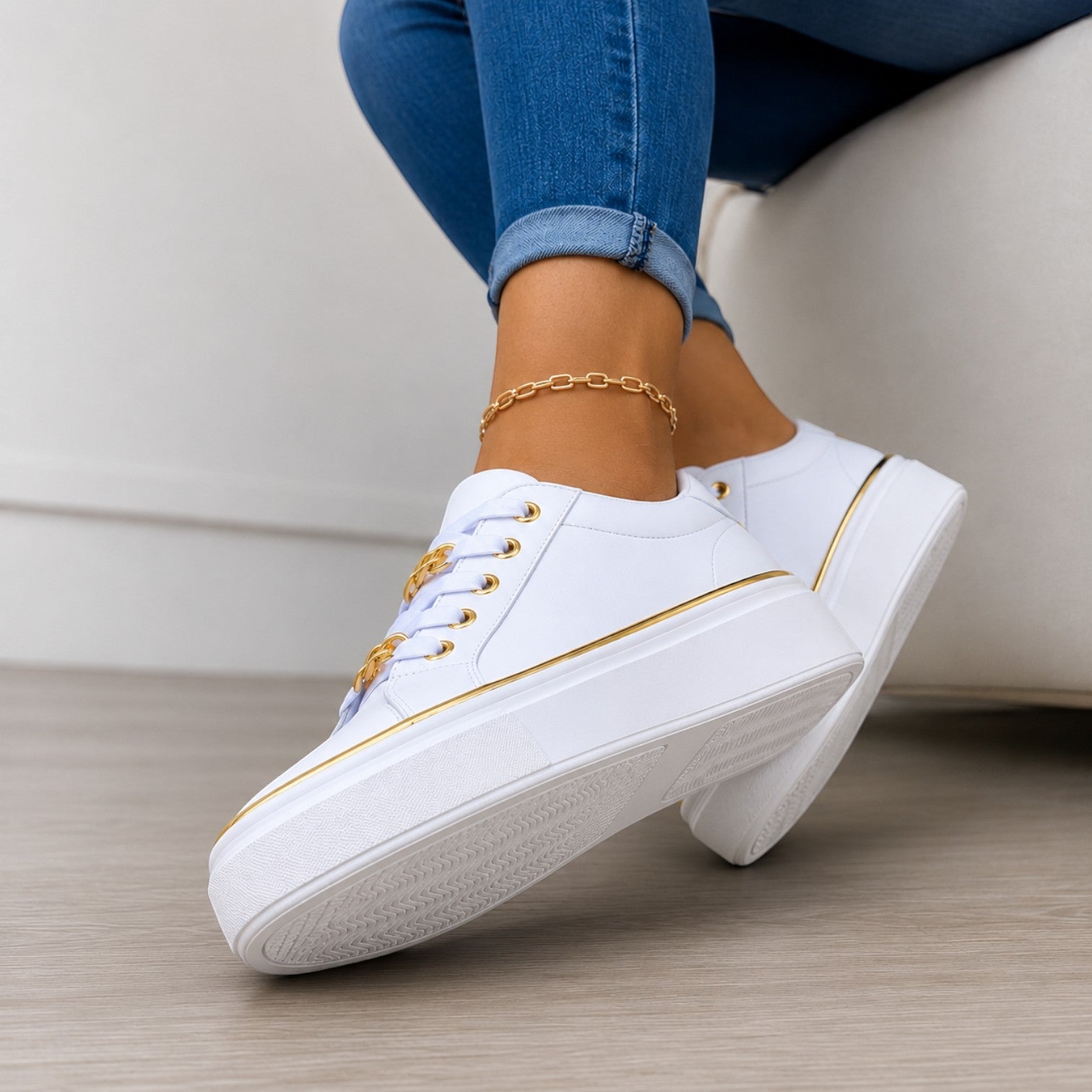 Felorro | Women's Flatform Trainers with Metallic Trim and Chain Lace Detail