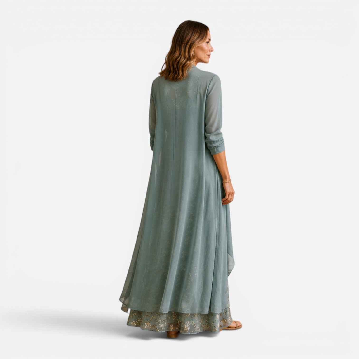Felorro | Women's Floral Embroidered Maxi Dress with Chiffon Jacket Set