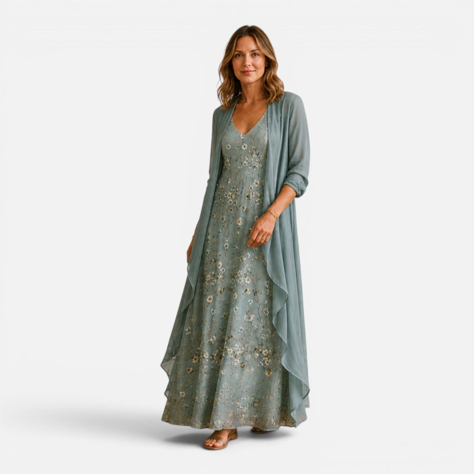 Felorro | Women's Floral Embroidered Maxi Dress with Chiffon Jacket Set