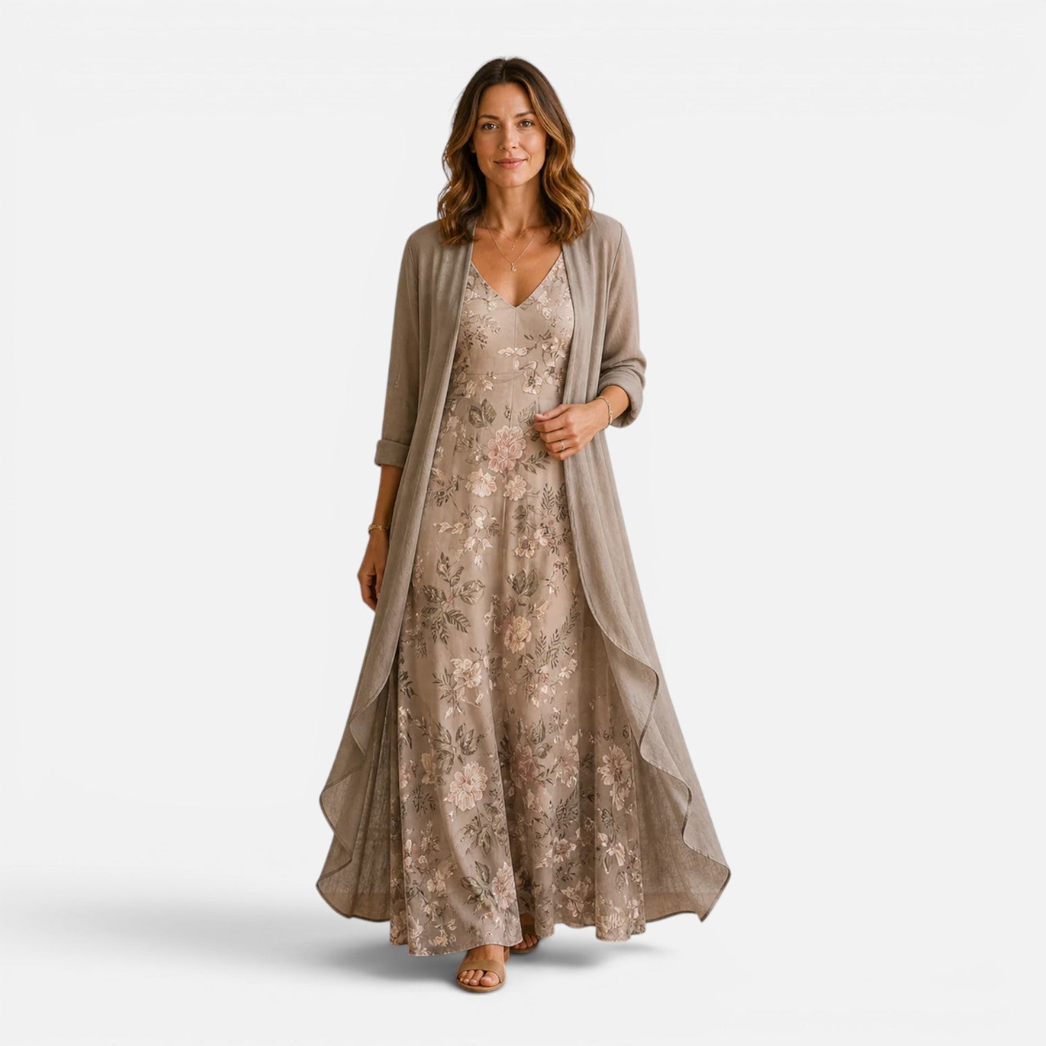 Felorro | Women's Floral Embroidered Maxi Dress with Chiffon Jacket Set