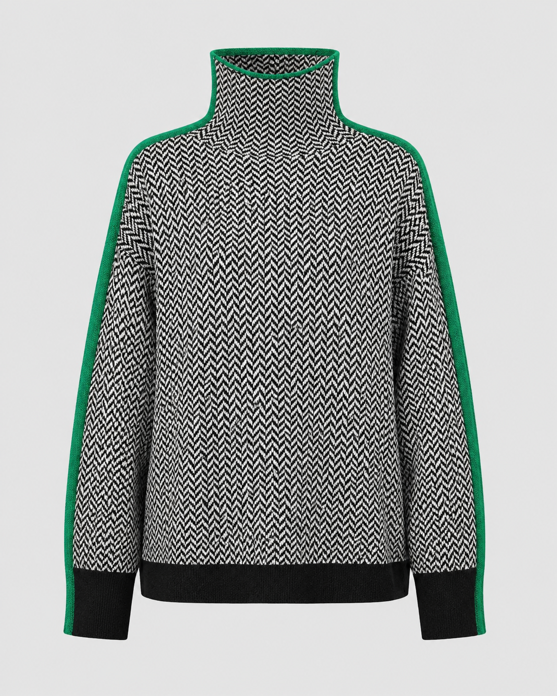 Women’s Herringbone Knit Turtleneck Sweater with Contrast Sleeves