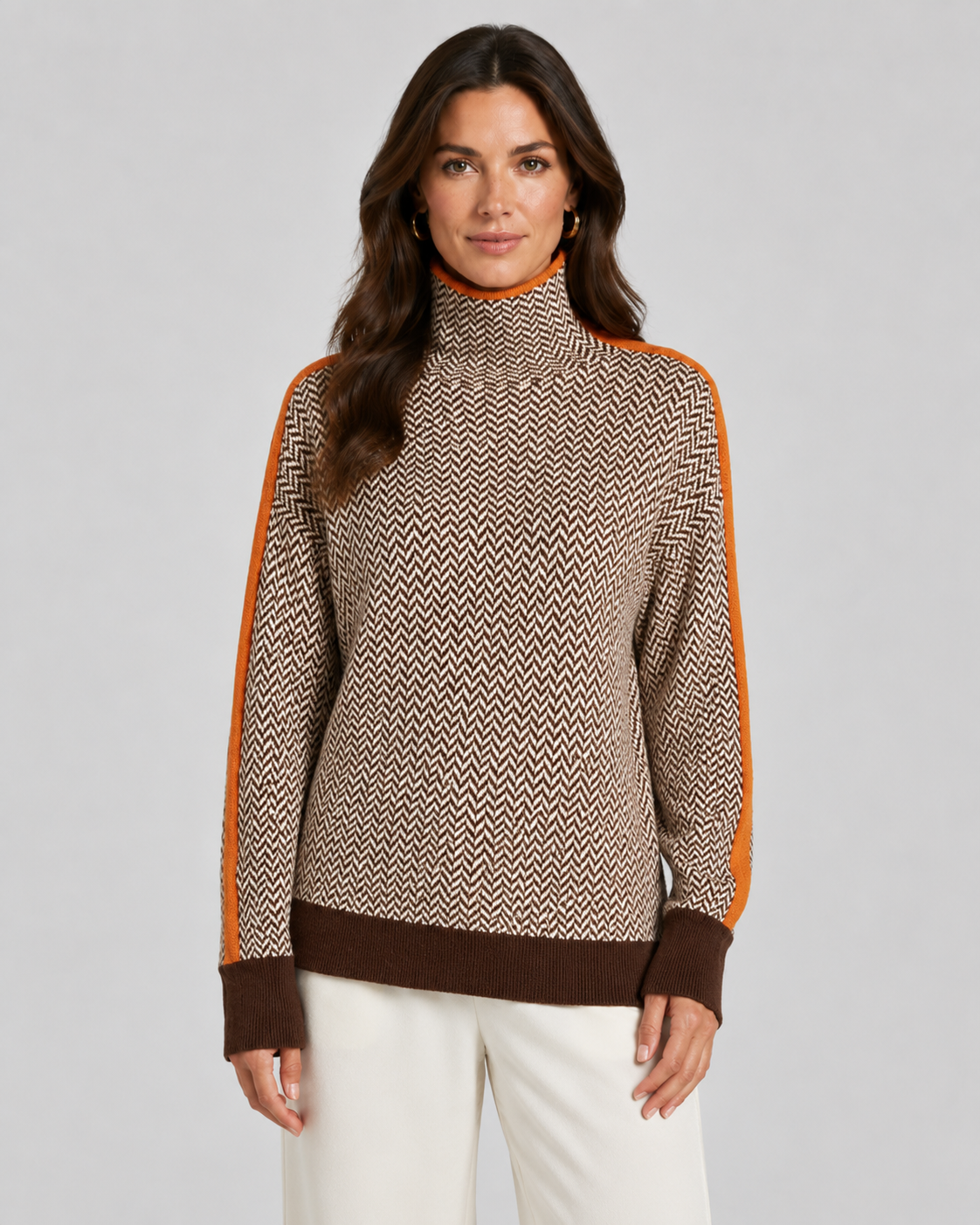 Women’s Herringbone Knit Turtleneck Sweater with Contrast Sleeves