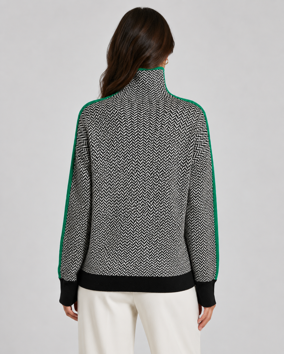 Women’s Herringbone Knit Turtleneck Sweater with Contrast Sleeves