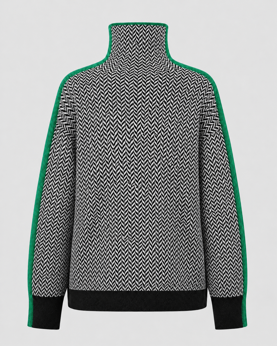 Women’s Herringbone Knit Turtleneck Sweater with Contrast Sleeves