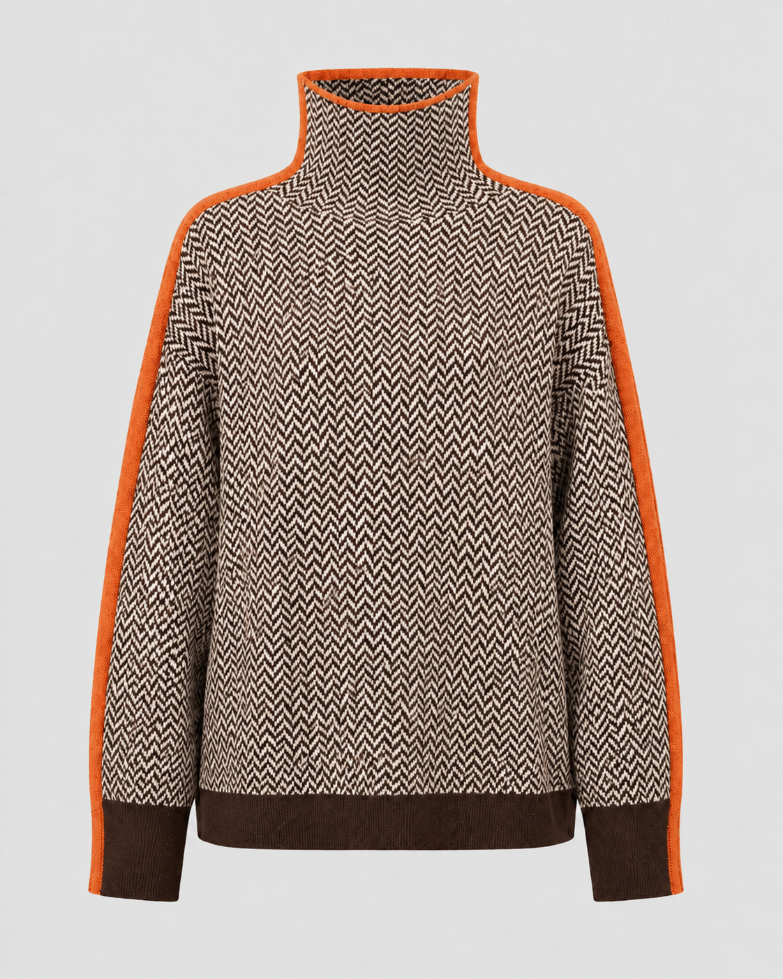 Women’s Herringbone Knit Turtleneck Sweater with Contrast Sleeves