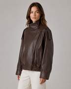 Women’s High Collar Leather Jacket – Relaxed Zip Fit
