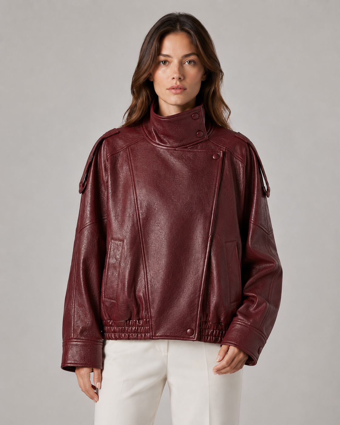 Women’s High Collar Leather Jacket – Relaxed Zip Fit
