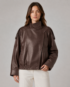 Women’s High Collar Leather Jacket – Relaxed Zip Fit