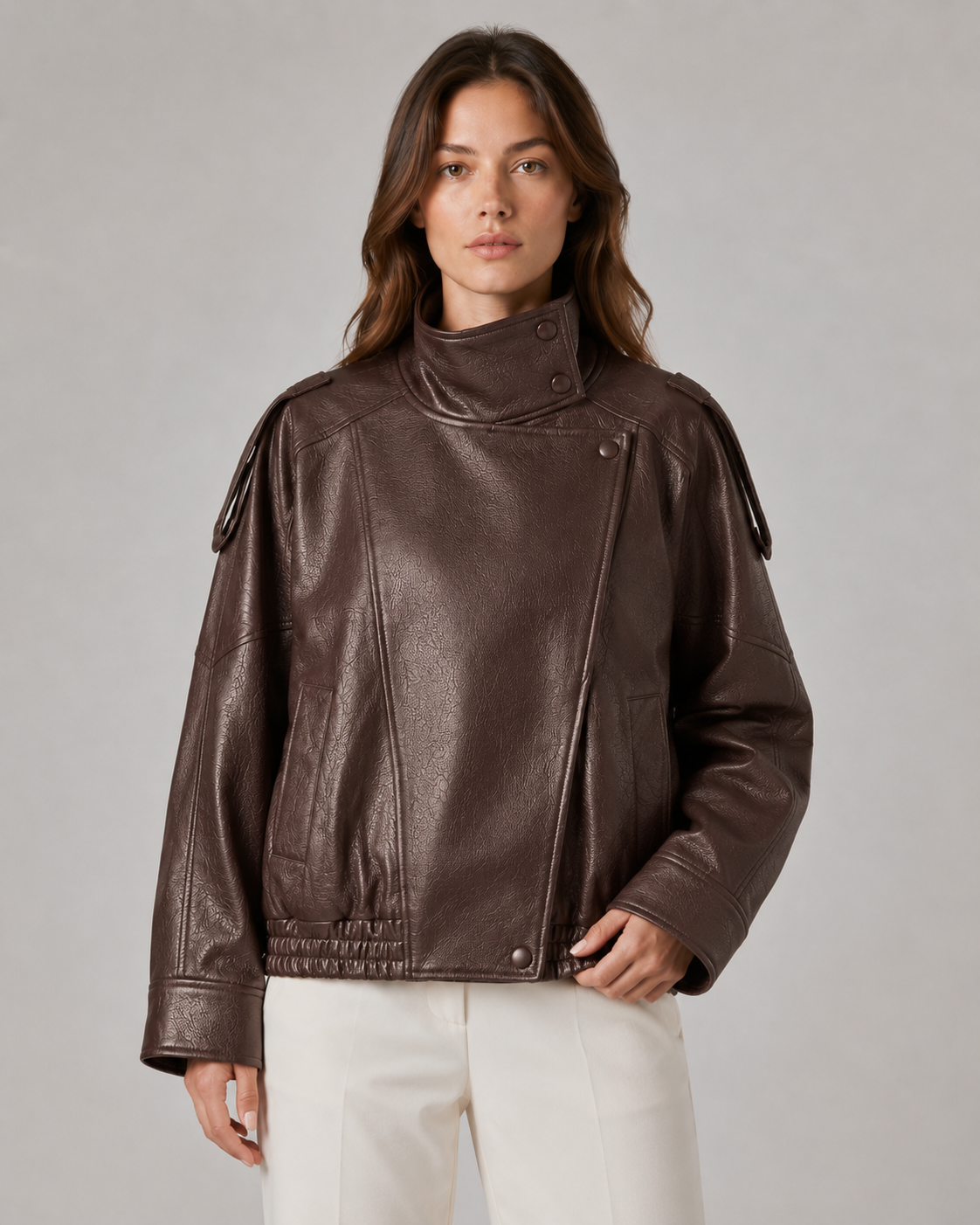 Women’s High Collar Leather Jacket – Relaxed Zip Fit