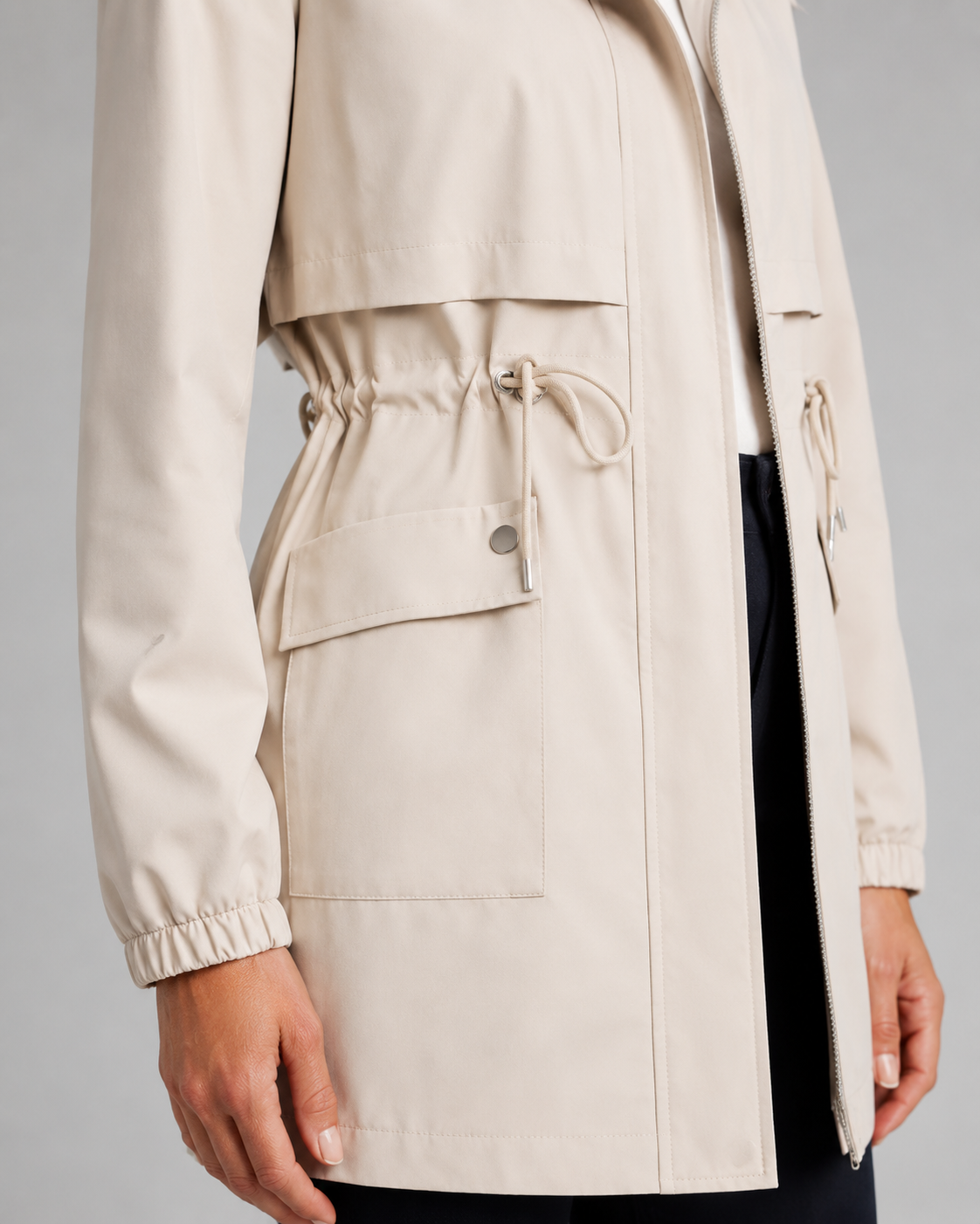 Women’s Hooded Trench Coat with Drawstring Waist