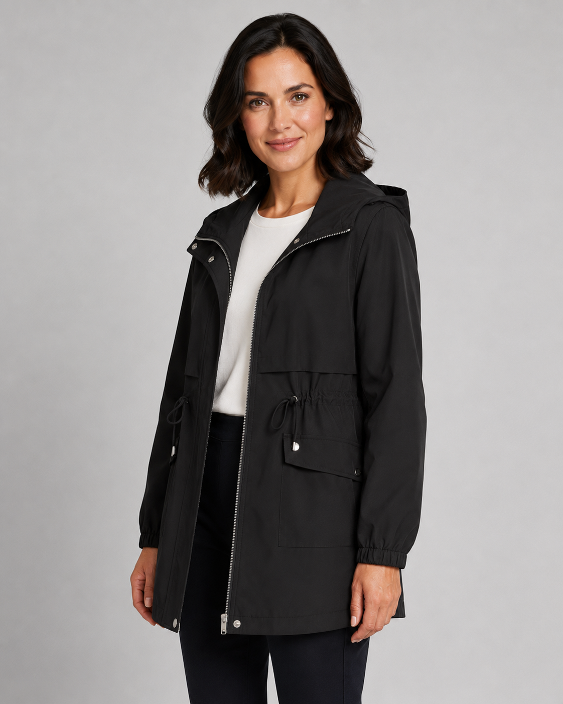 Women’s Hooded Trench Coat with Drawstring Waist