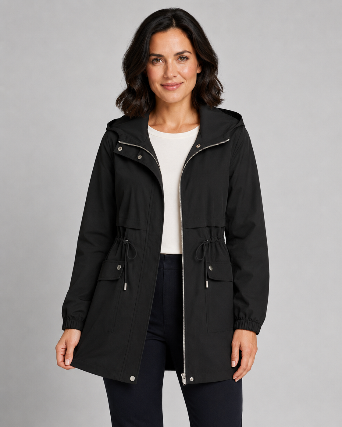 Women’s Hooded Trench Coat with Drawstring Waist
