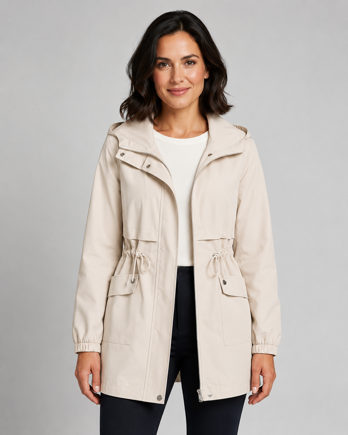 Women’s Hooded Trench Coat with Drawstring Waist