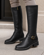 Women’s Knee-High Buckle Boots – Side Zip Lug Sole Style