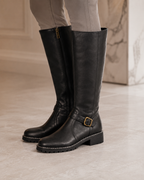 Women’s Knee-High Buckle Boots – Side Zip Lug Sole Style