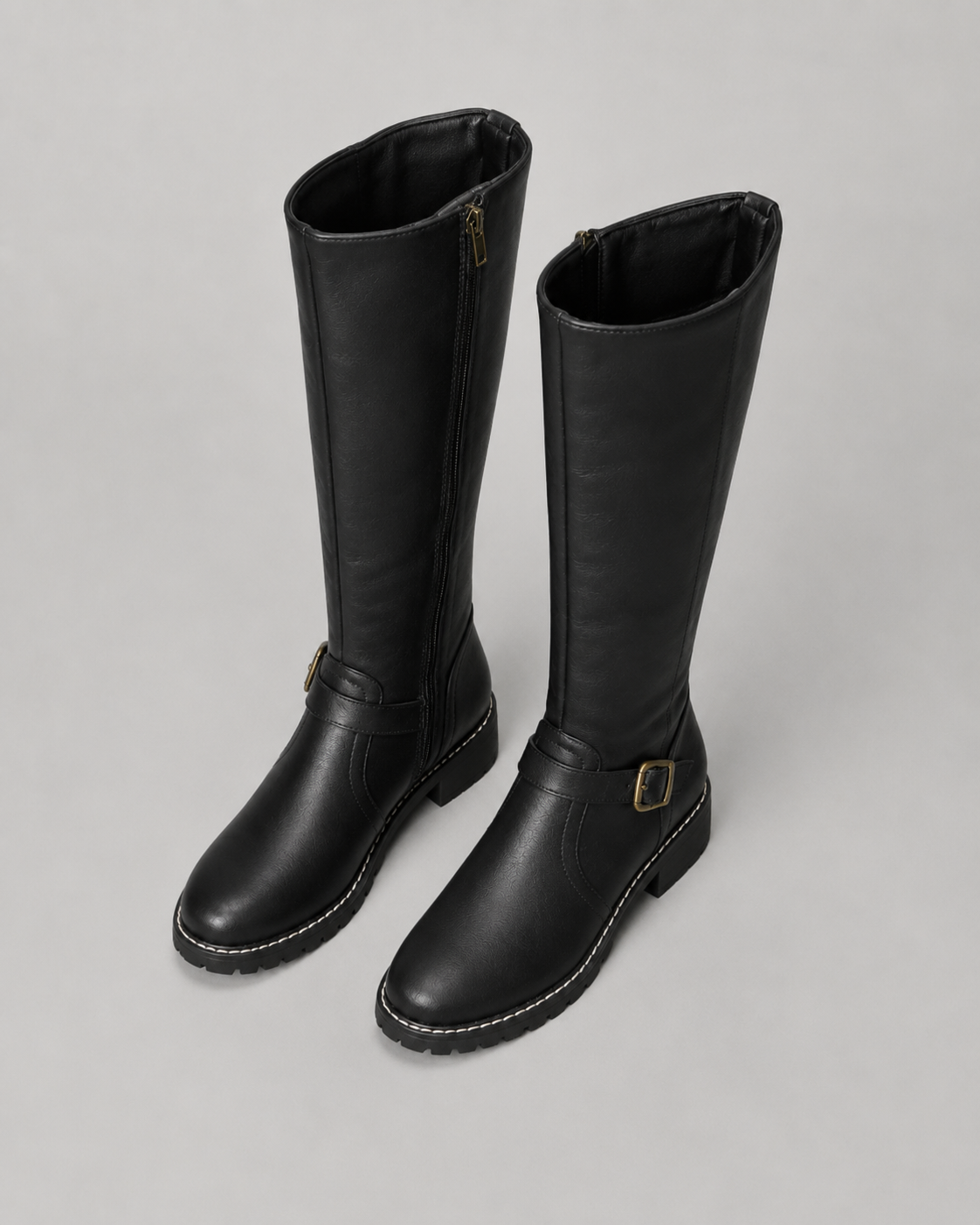 Women’s Knee-High Buckle Boots – Side Zip Lug Sole Style
