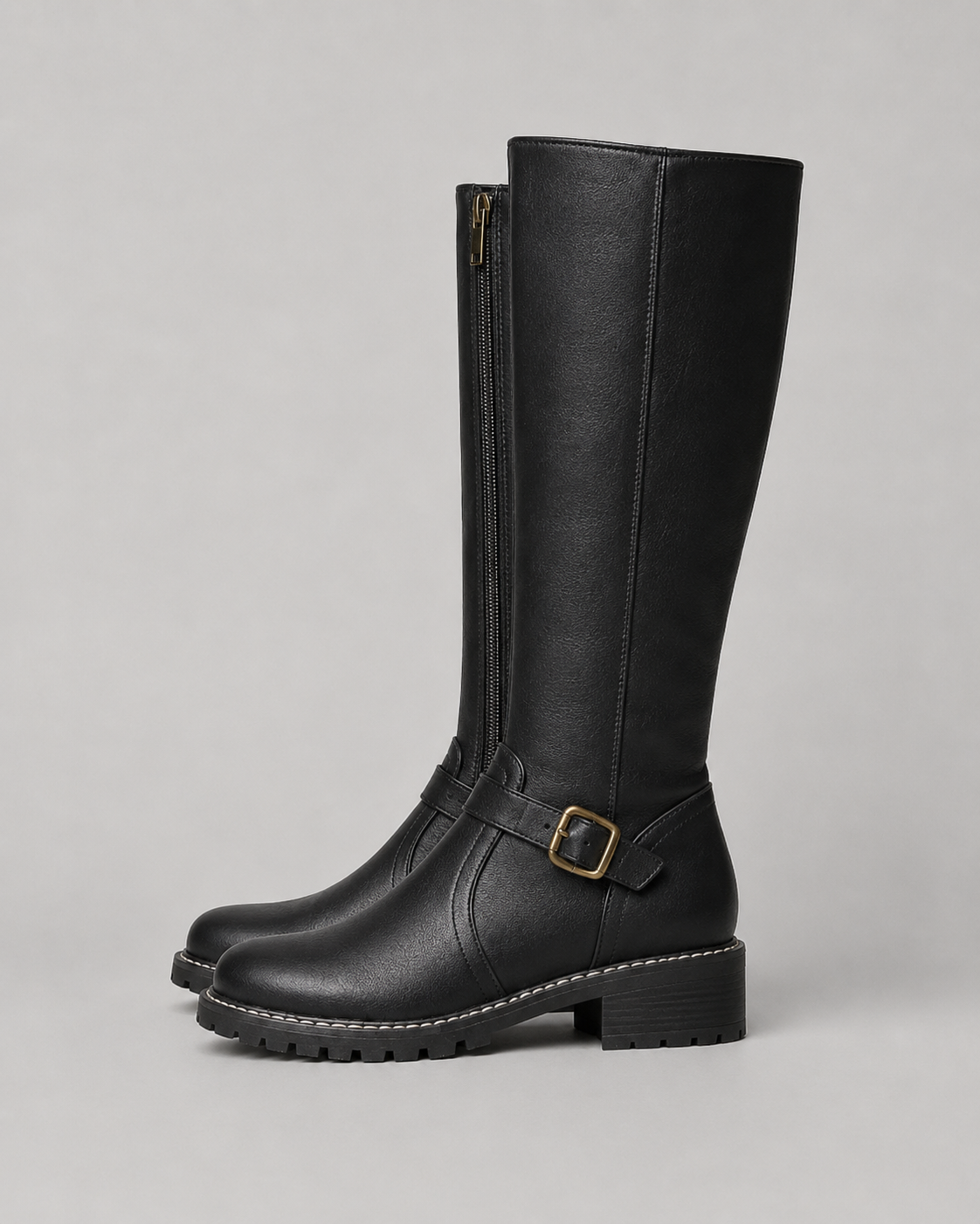 Women’s Knee-High Buckle Boots – Side Zip Lug Sole Style