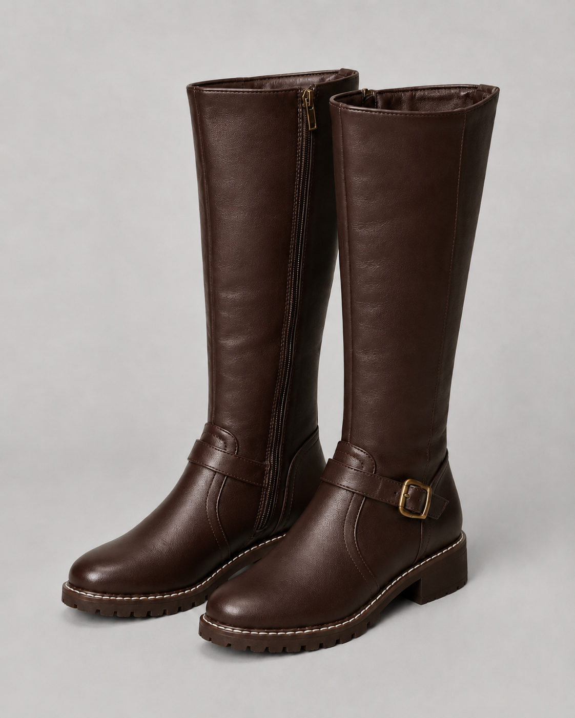 Women’s Knee-High Buckle Boots – Side Zip Lug Sole Style