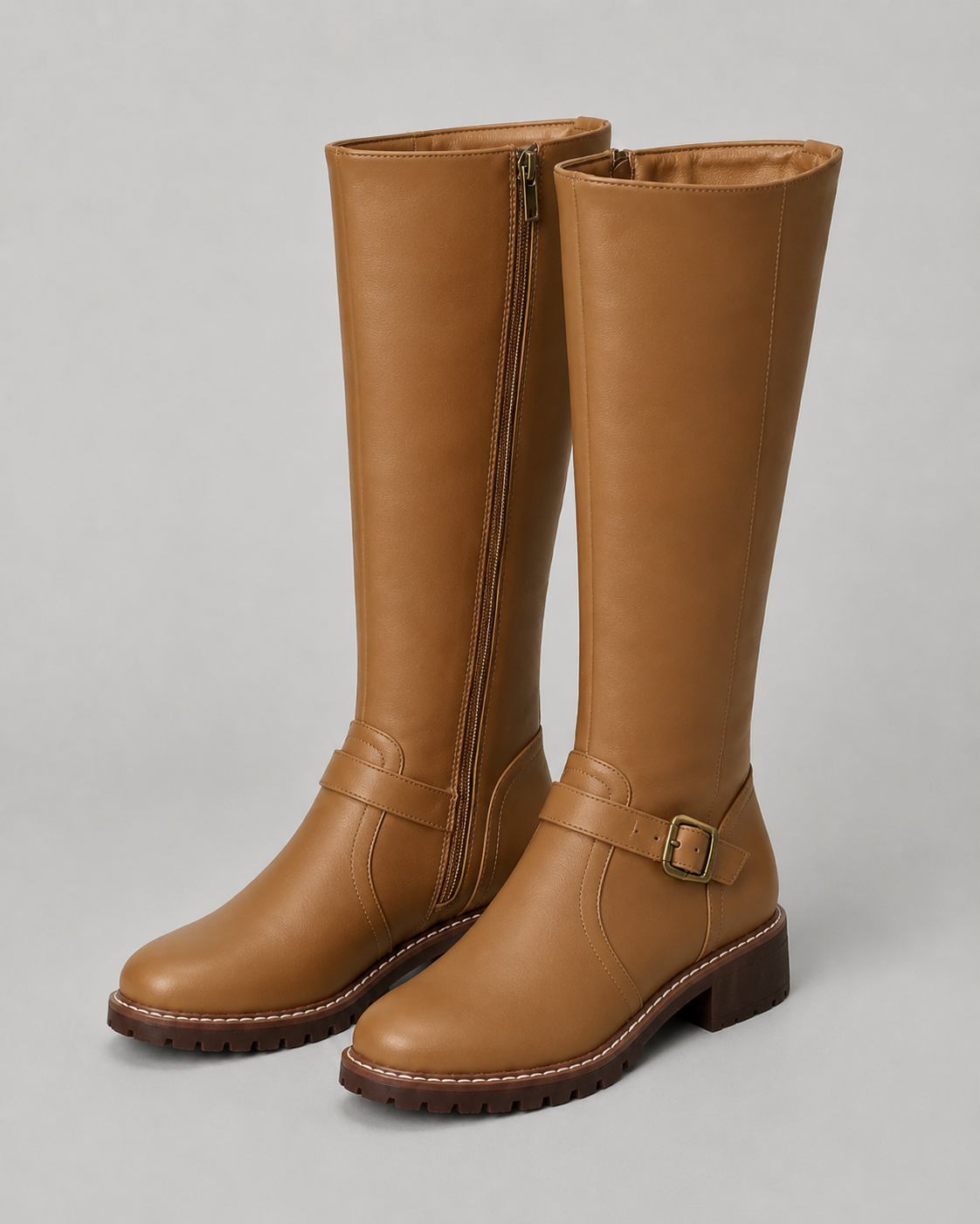 Women’s Knee-High Buckle Boots – Side Zip Lug Sole Style