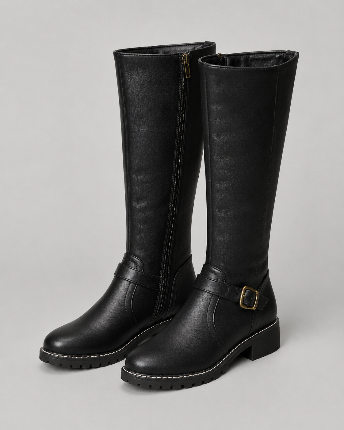 Women’s Knee-High Buckle Boots – Side Zip Lug Sole Style