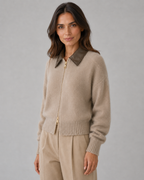 Women’s Knit Zip Cardigan with Leather Collar