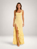 Women's Lace Maxi Dress with Ruffle Hem & High Split