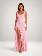 Women's Lace Maxi Dress with Ruffle Hem & High Split