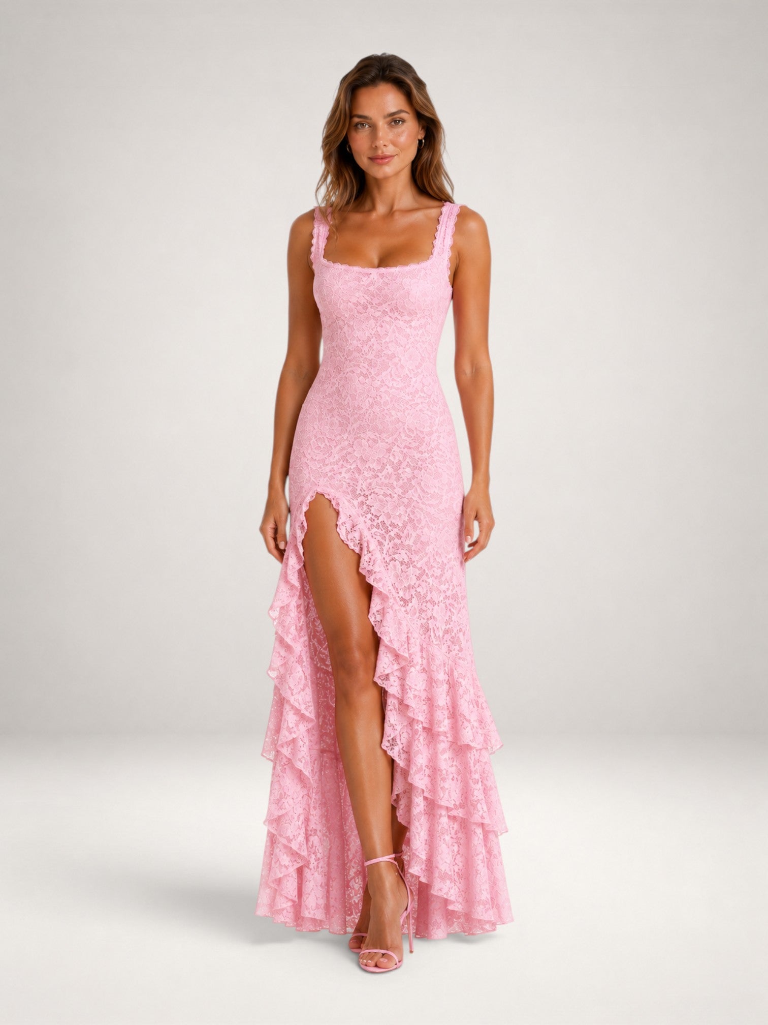 Women's Lace Maxi Dress with Ruffle Hem & High Split
