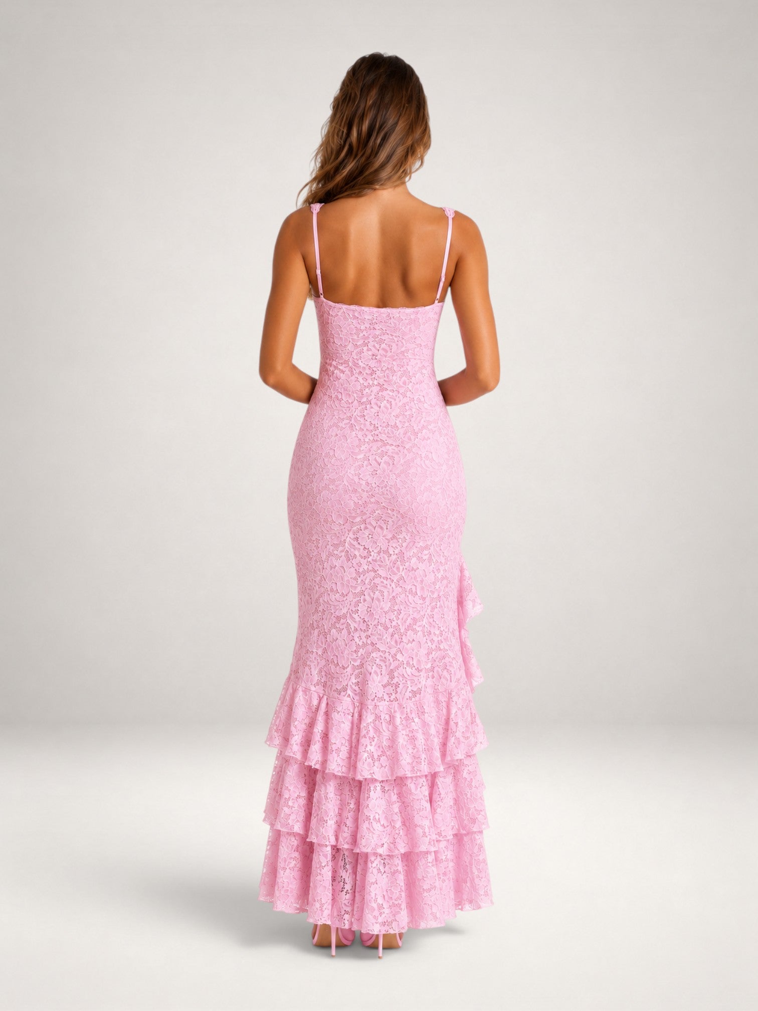 Women's Lace Maxi Dress with Ruffle Hem & High Split