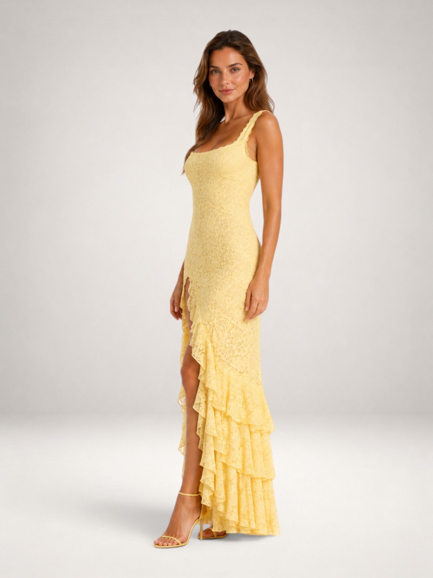 Women's Lace Maxi Dress with Ruffle Hem & High Split