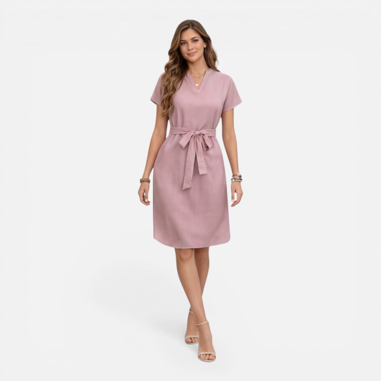 Felorro | Women’s Midi Dress Lightweight Belted V-Neck Short Sleeve