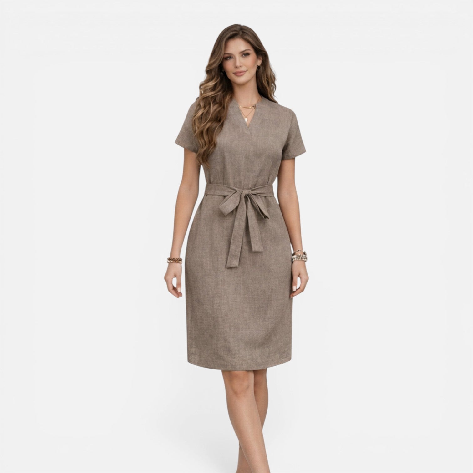 Felorro | Women’s Midi Dress Lightweight Belted V-Neck Short Sleeve