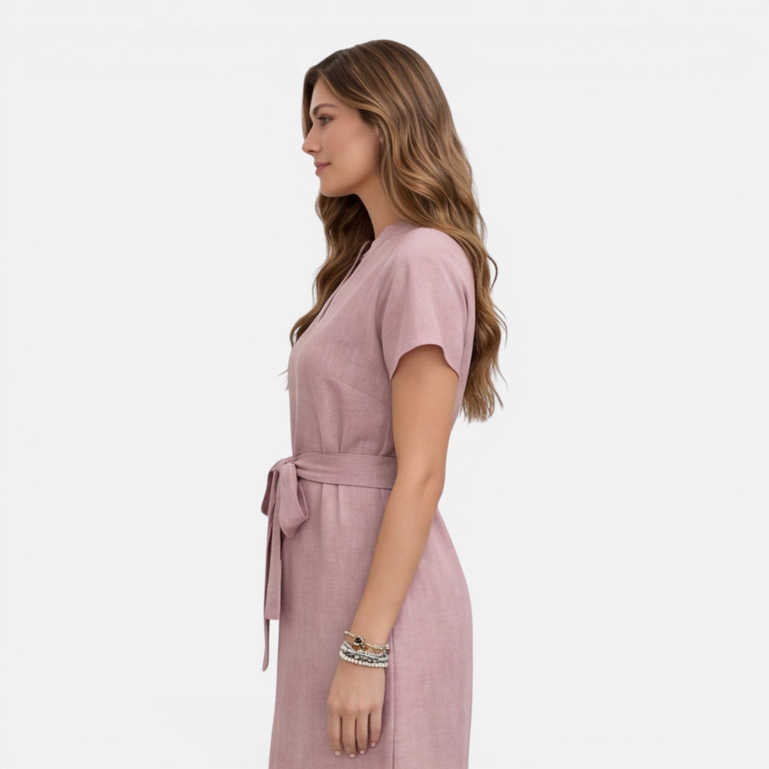 Felorro | Women’s Midi Dress Lightweight Belted V-Neck Short Sleeve