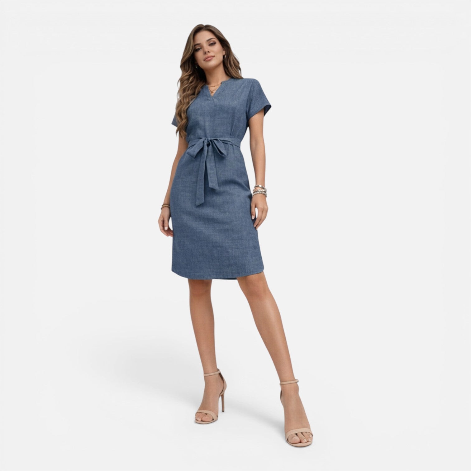 Felorro | Women’s Midi Dress Lightweight Belted V-Neck Short Sleeve