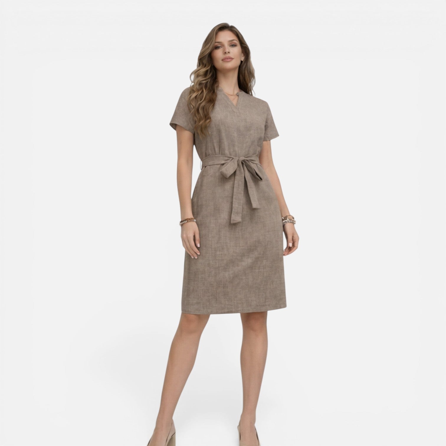 Felorro | Women’s Midi Dress Lightweight Belted V-Neck Short Sleeve