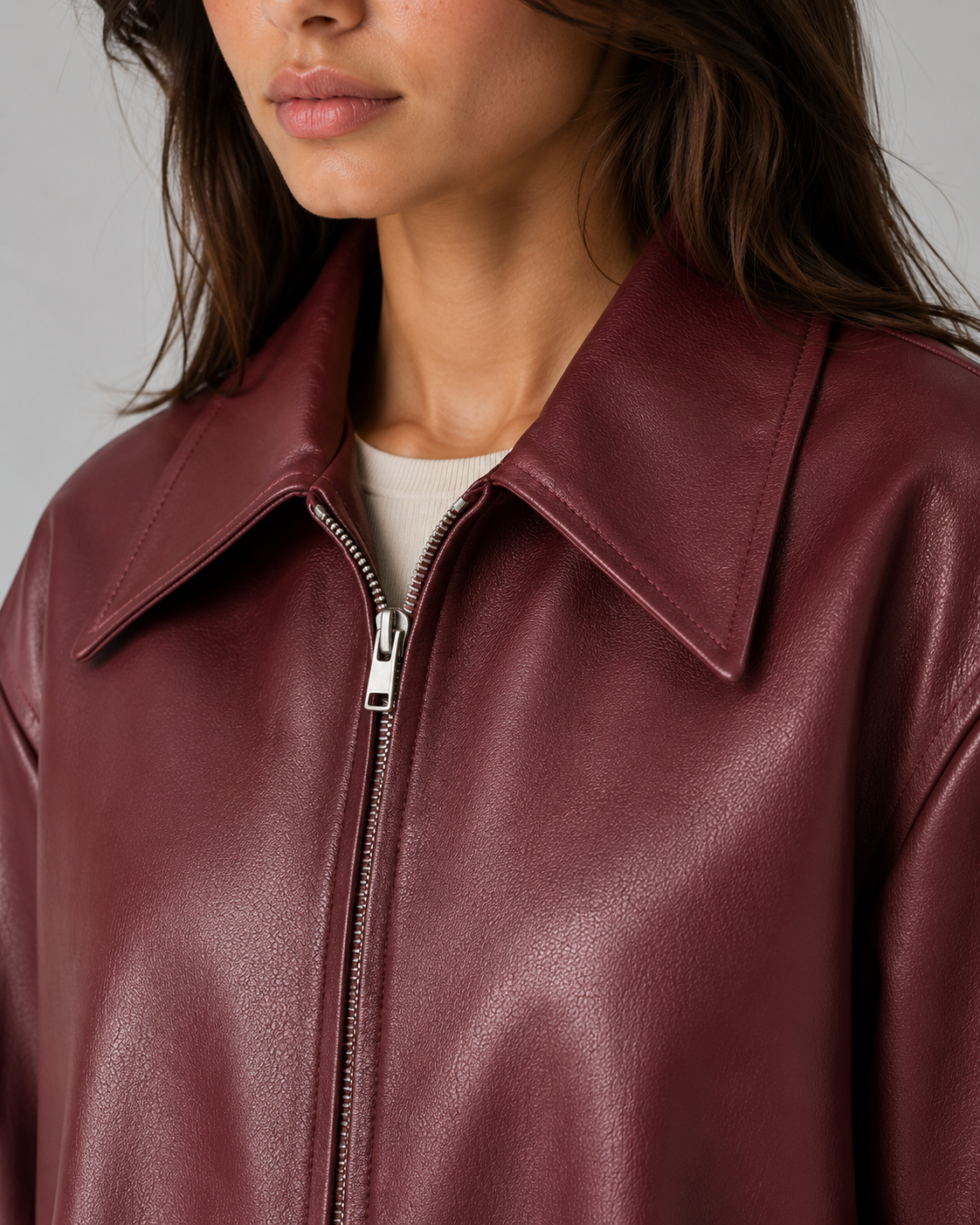 Women’s PU Leather Zip Jacket – Relaxed Cropped Fit
