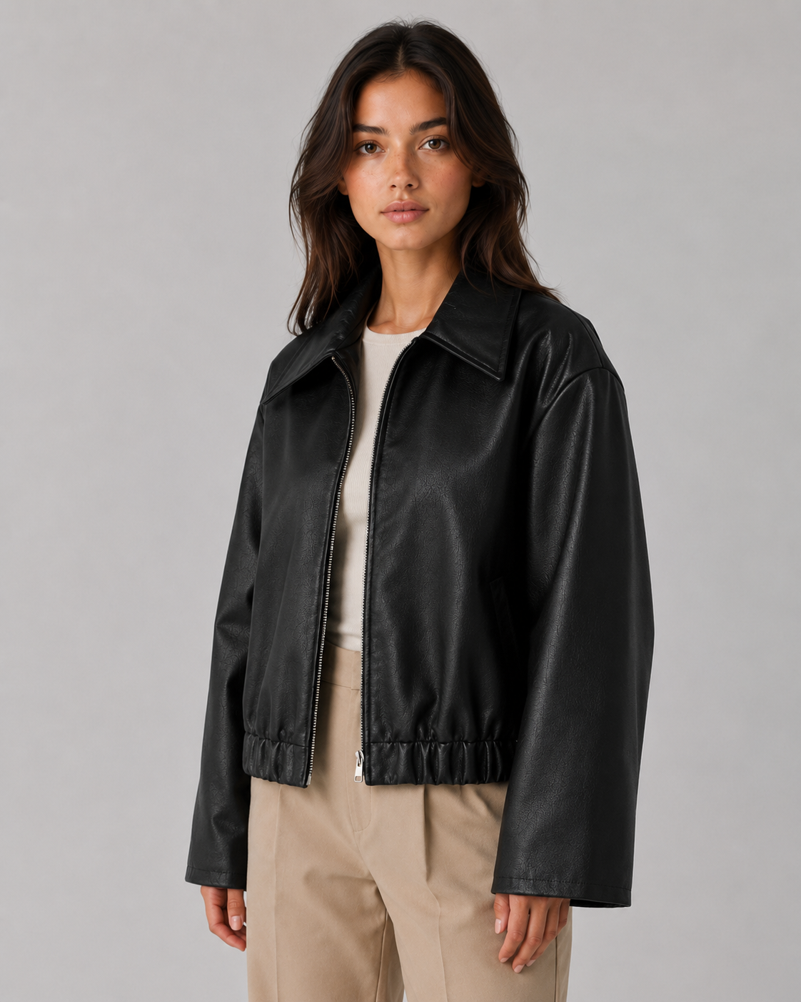 Women’s PU Leather Zip Jacket – Relaxed Cropped Fit