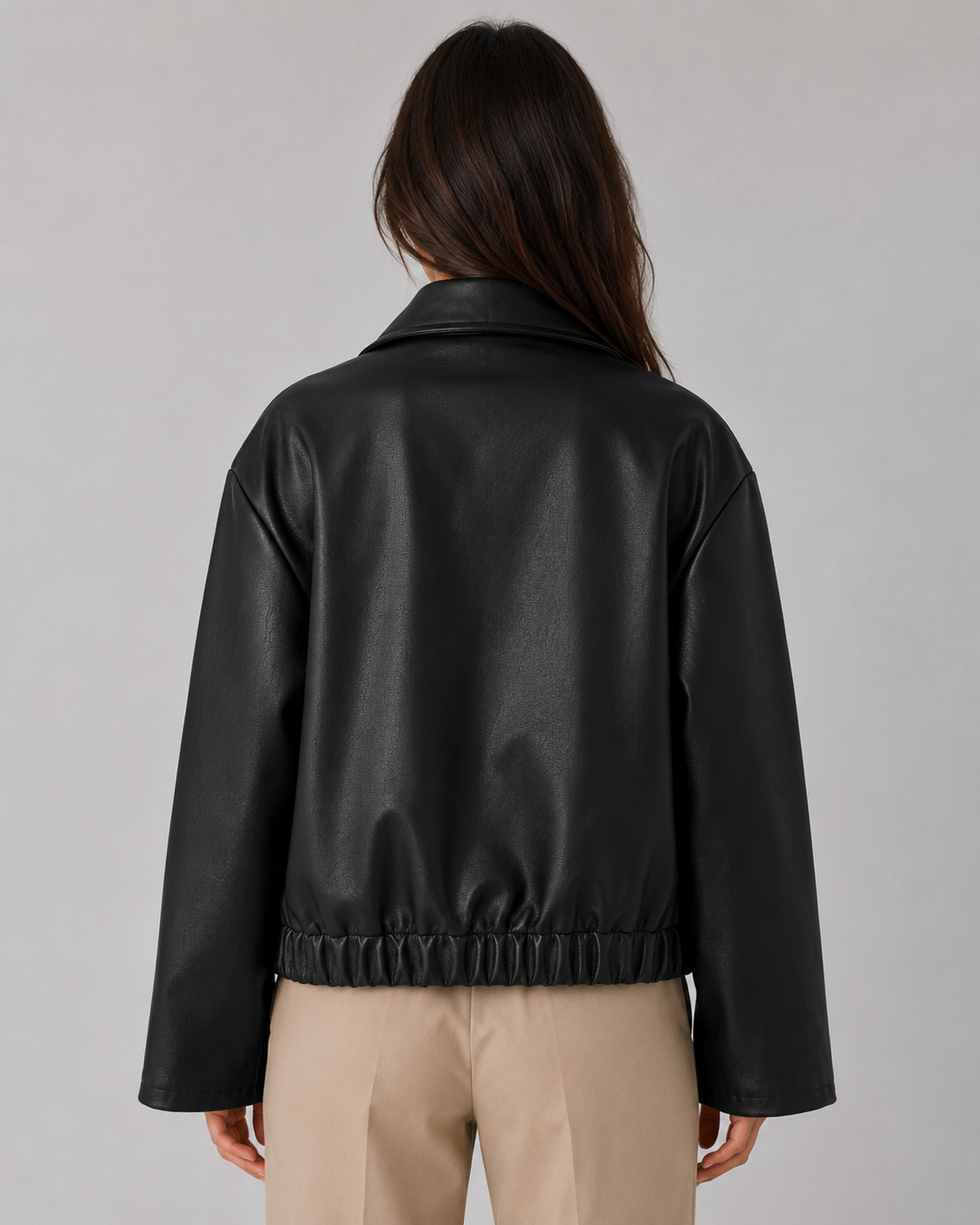 Women’s PU Leather Zip Jacket – Relaxed Cropped Fit