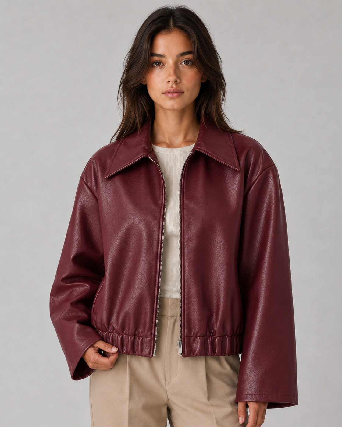 Women’s PU Leather Zip Jacket – Relaxed Cropped Fit