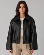 Women’s PU Leather Zip Jacket – Relaxed Cropped Fit