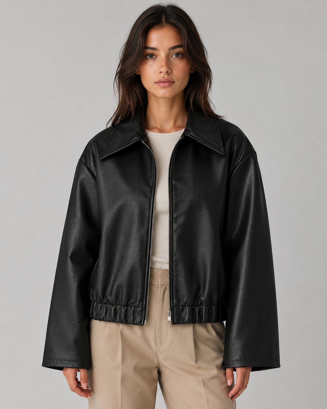 Women’s PU Leather Zip Jacket – Relaxed Cropped Fit